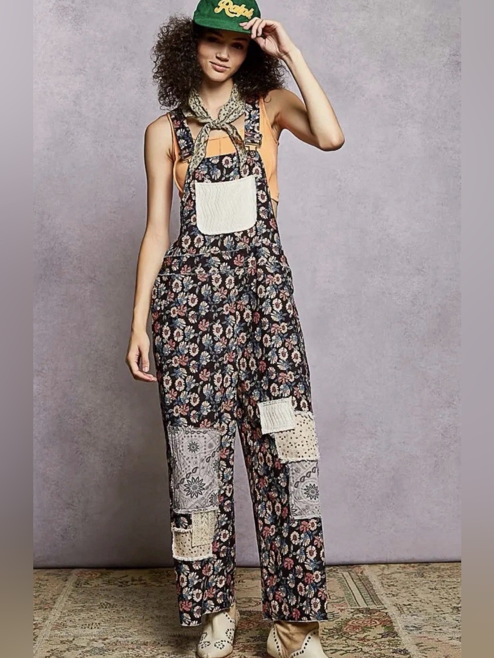 POL Boho Chic Floral Patchwork Overalls with Cream Pocket Detail size Large
